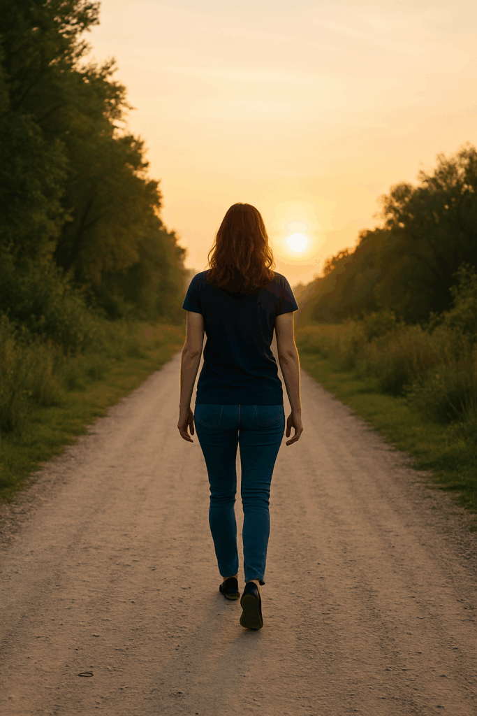 A woman walks forward on a quiet path, surrounded by nature, with warm light ahead—symbolizing growth, strength, and clarity.